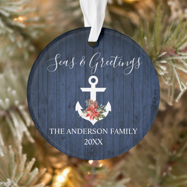 Seas and Greetings Blue Wood Poinsettia Anchor Ornament (Tree)