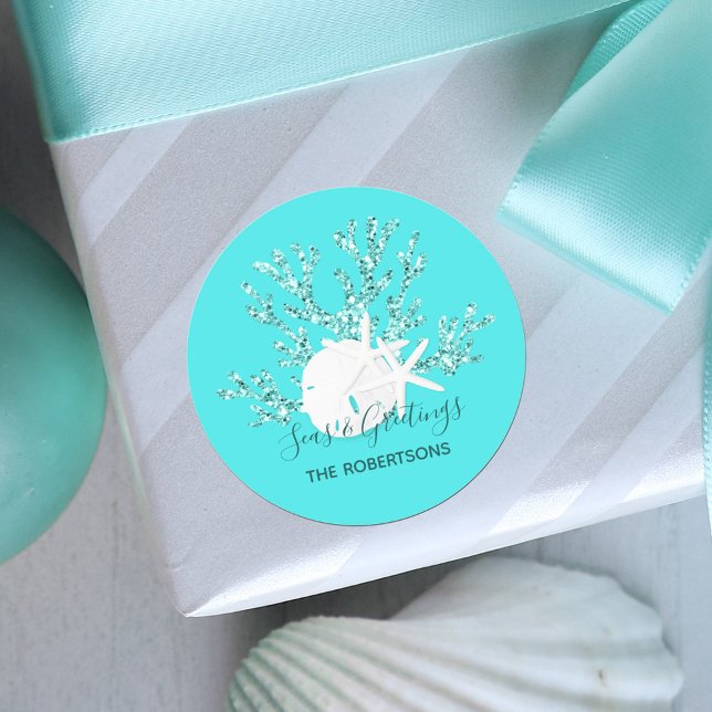 Seas and Greetings Christmas Dark Aqua Blue  Classic Round Sticker (Creator Uploaded)