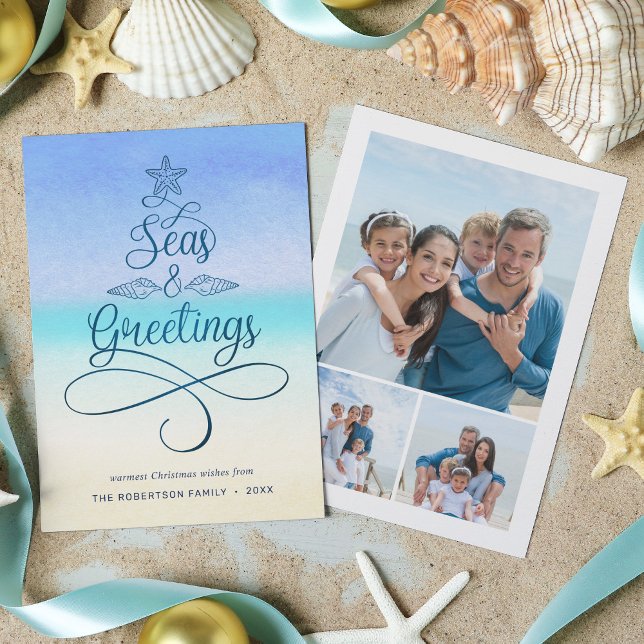 Seas and Greetings Coastal Christmas 3 Photo Holiday Card (Creator Uploaded)