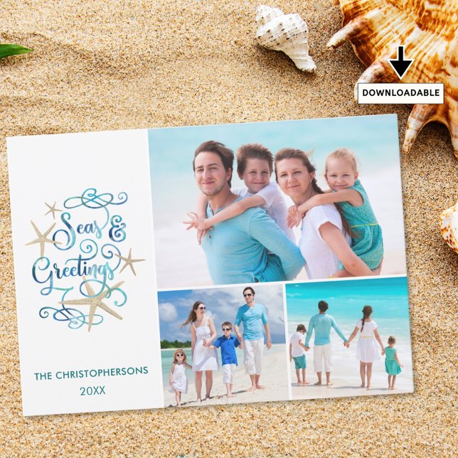 SEAS AND GREETINGS Coastal Christmas Photo Collage Holiday Card (Creator Uploaded)