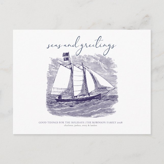 Seas and Greetings Coastal Sailboat Christmas Card (Front)