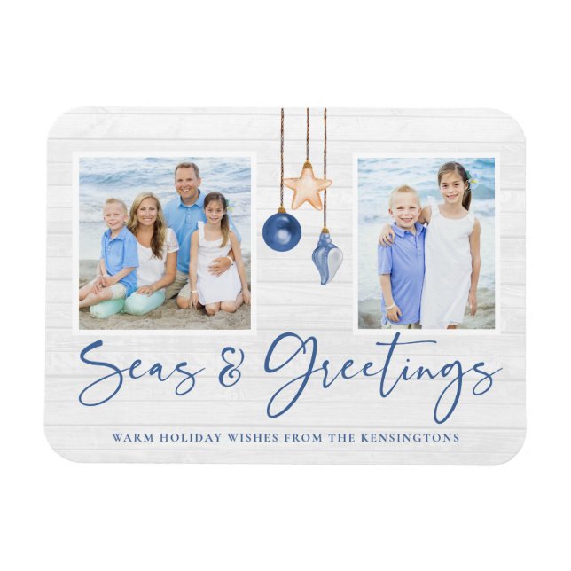 Seas and Greetings Coastal Wood Holiday Photo Magnet (Horizontal)