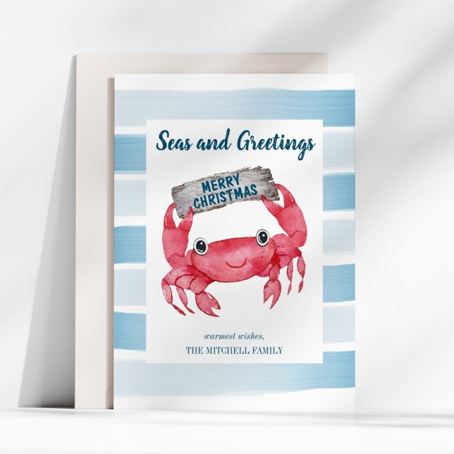 Seas and Greetings Cute Crab Coastal Christmas Holiday Card (Creator Uploaded)