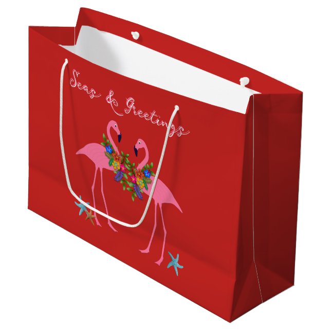 Seas and Greetings Flamingos Large Christmas Bag (Front Angled)