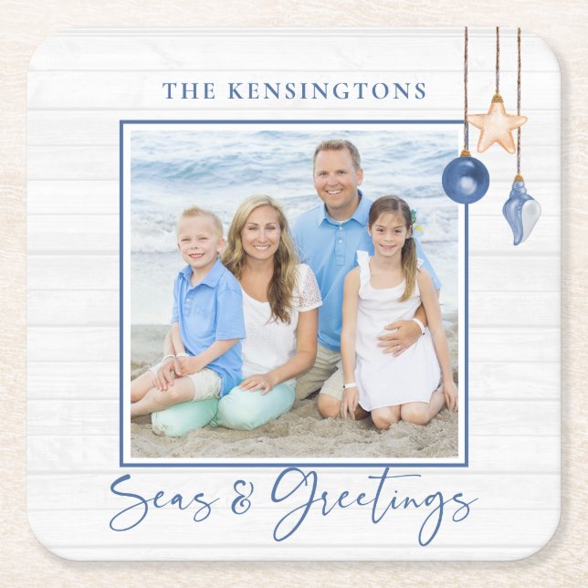 Seas and Greetings Nautical Seashell Wood Photo Square Paper Coaster (Front)