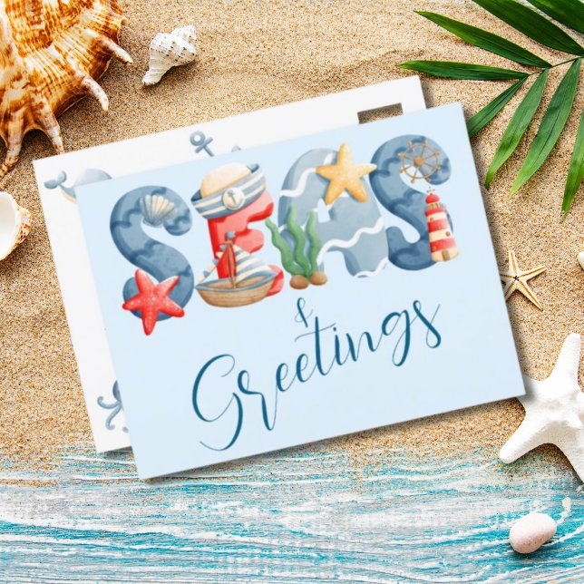 Seas and Greetings Nautical Watercolor Holiday Postcard (Creator Uploaded)