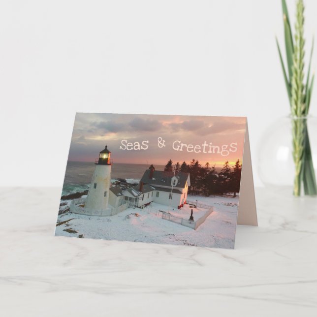 Seas and Greetings Pink Blush Christmas Lighthouse Holiday Card (Front)