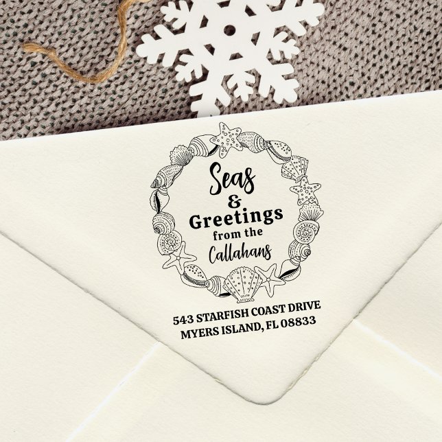 Seas and Greetings Return Address Seashell Wreath Rubber Stamp (Elevate your holiday cards with this beautiful hand drawn seashell wreath return address stamp)