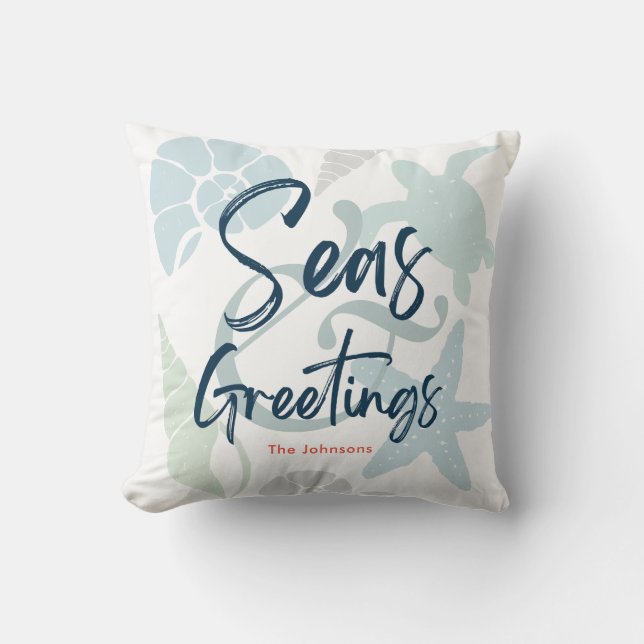 Seas and Greetings Seashell Christmas Holiday Cushion (Front)