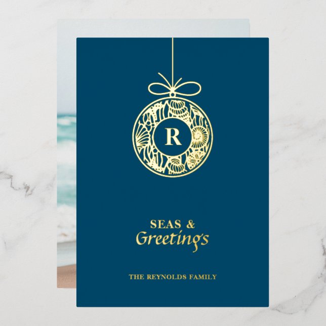 Seas and Greetings Seashell Ornament Foil Holiday Card (Front/Back)