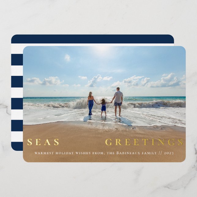 Seas and Greetings Single Photo Nautical Foil Holiday Card (Front/Back)