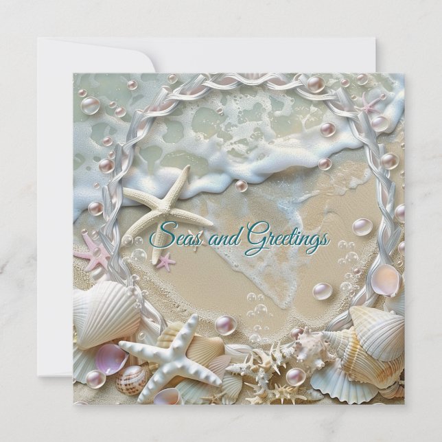 Seas and Greetings Starfish Shells Pearls Seafoam Card (Front)