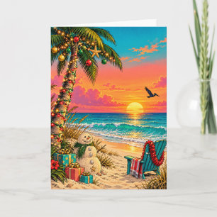 Seas and Greetings Tropical Beach Sunset Sand Snow Holiday Card