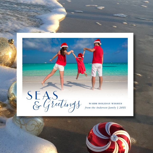 Seas and Greetings Tropical Coastal Navy Holiday Card (Creator Uploaded)