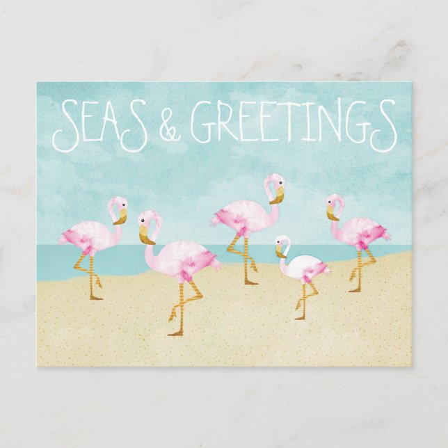 Seas and Greetings Watercolor Pink Flamingos Postcard (Front)
