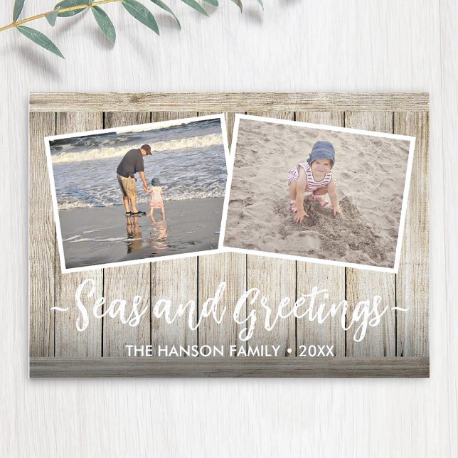 Seas & Greetings 5 Photo Beach Vacation Wood Holiday Card (Creator Uploaded)
