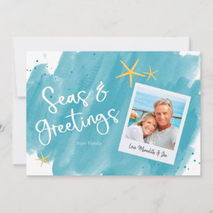 Seas & Greetings Aqua Teal Watercolor Holiday Card