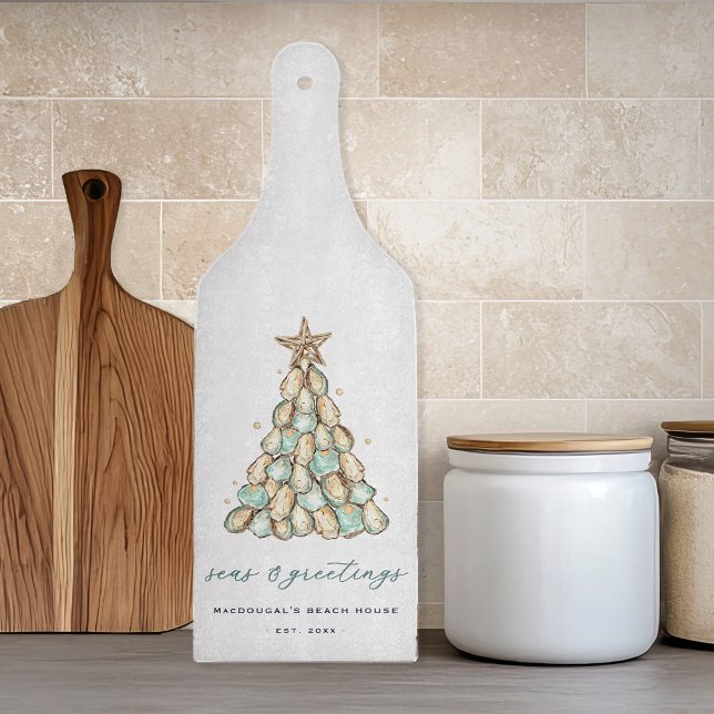 "Seas & Greetings" Beach House Christmas Oyster Cutting Board (Creator Uploaded)