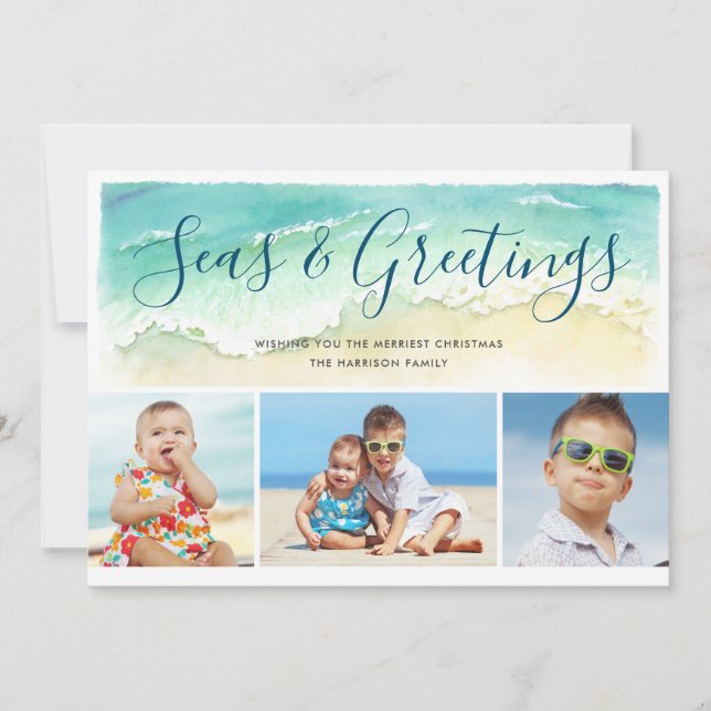 Seas & Greetings Beach Photo Holiday Card (Front)