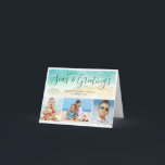 Seas & Greetings Beach Photo Holiday Folded Card<br><div class="desc">Send warm season's greetings with this beach-themed Christmas card. The coastal holiday photo cards features a sea green watercolor wave upon a sandy shore. Editable text atop the wave reads "Seas & Greetings" in blue-green calligraphy lettering. Three photos are located below the painted wave. To personalize, add a custom holiday...</div>