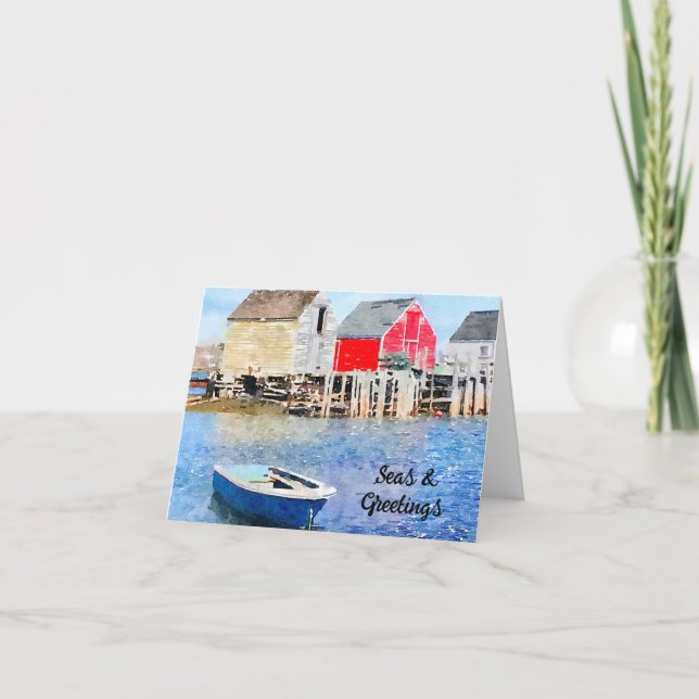 Seas & Greetings Blue Boat Red Fishing Shack Xmas Card (Front)
