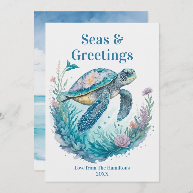 Seas & Greetings Coastal Christmas Watercolor Holiday Card (Front/Back)