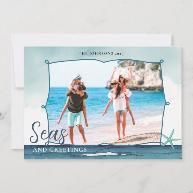 Seas & Greetings Coastal Christmas with photo  Holiday Card (Front)