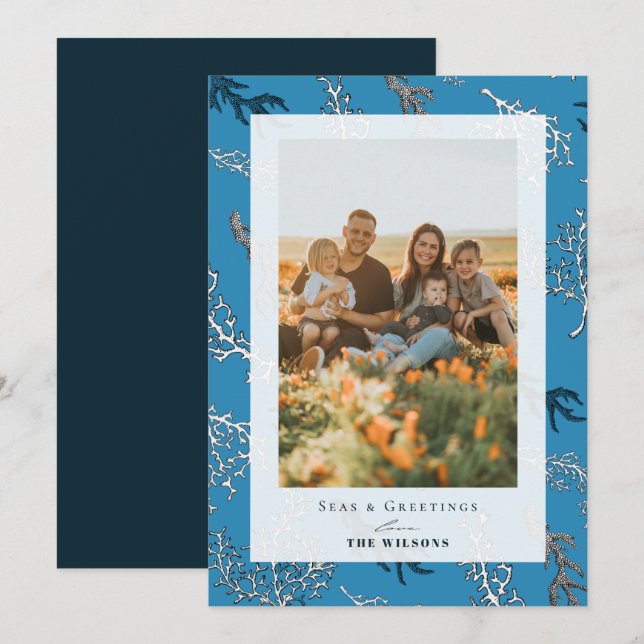 Seas & Greetings Coral Blue Holiday Photo Card (Front/Back)