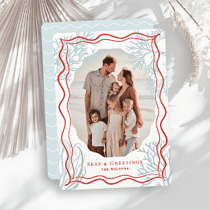 Seas & Greetings Coral Pale Blue Photo Christmas Holiday Card