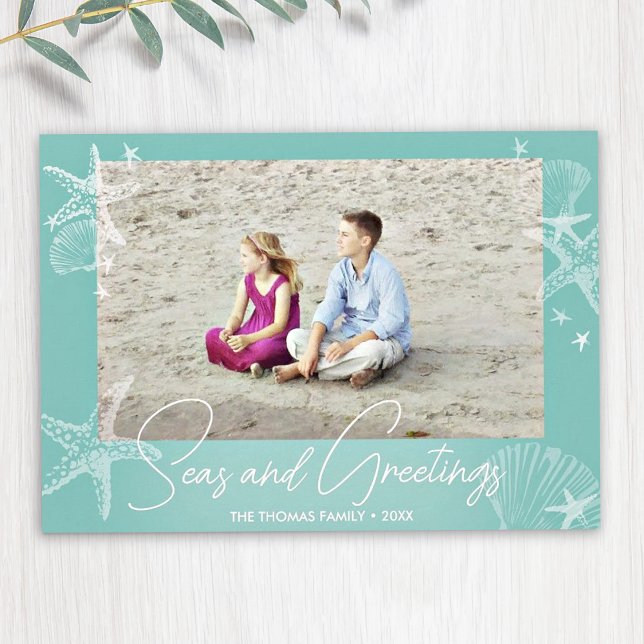 Seas & Greetings Light Teal Photo Beach Starfish Holiday Card (Creator Uploaded)