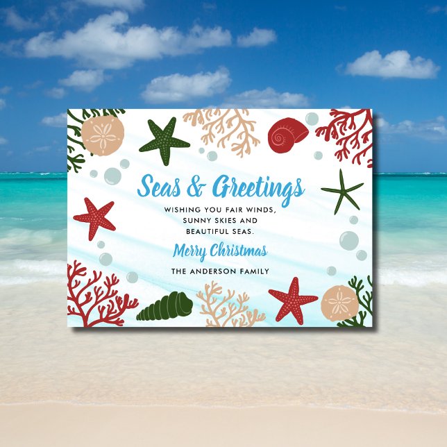 Seas & Greetings Nautical Ocean Beach Blue Holiday Card (Creator Uploaded)