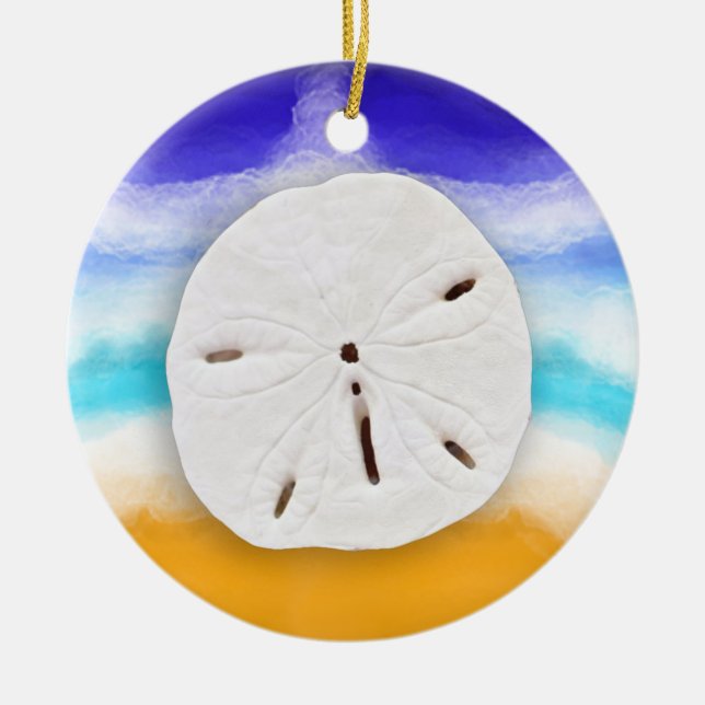 Seas & Greetings | Sand Dollars and Ocean Waves  Ceramic Ornament (Front)