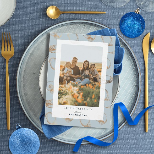 Seas & Greetings Seashell Blue Holiday Photo Card (Creator Uploaded)