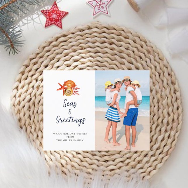 Seas & Greetings Seashell Photo Holiday Postcard (Creator Uploaded)