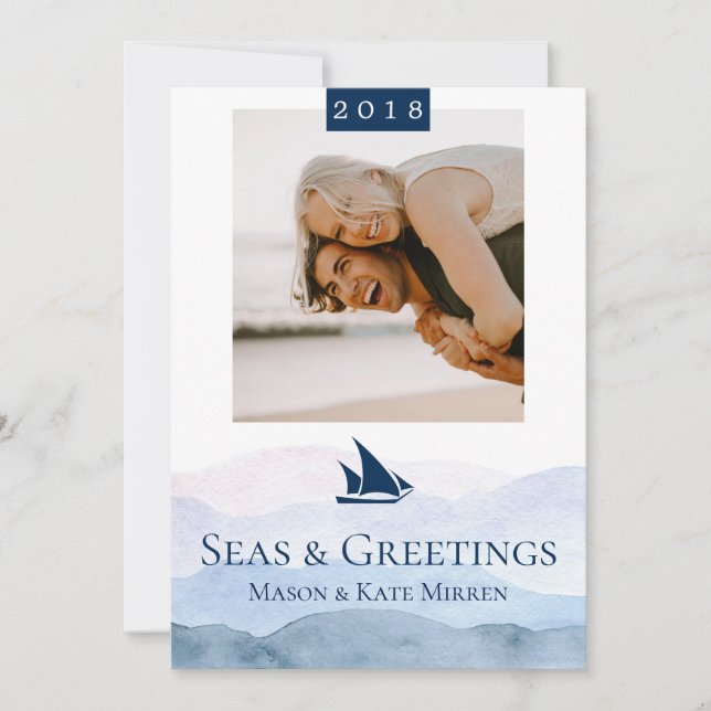Seas & Greetings Watercolor Waves Single Photo Holiday Card (Front)