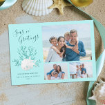 Seas N Greetings Aqua Blue Beach Christmas Photo Holiday Card<br><div class="desc">This stylish modern 3 photo beach themed Christmas card has a white sand dollar and 2 white starfish on a glitter coral branch,  with a light aqua blue background.</div>