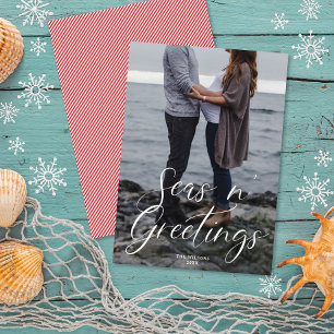 Seas n' Greetings Beach Script   Christmas Photo Holiday Card
