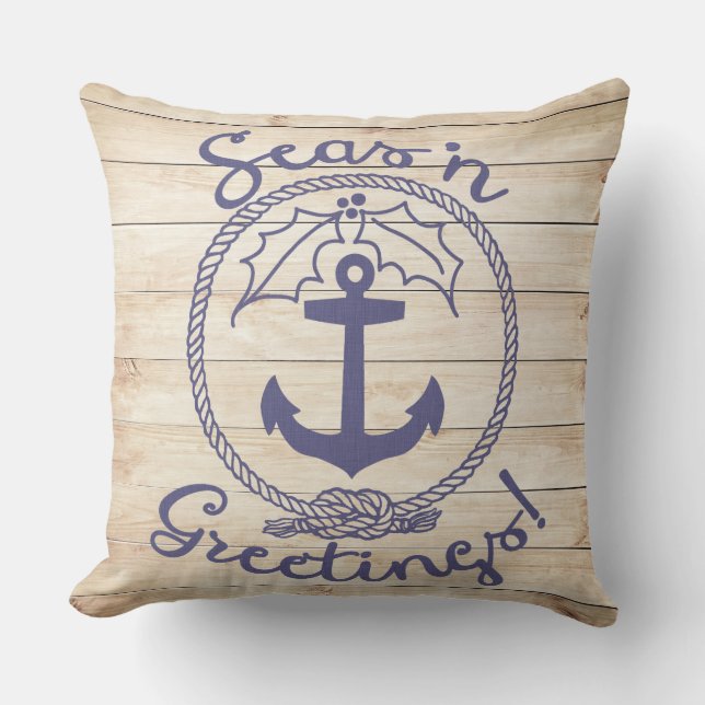 Seas 'n Greetings | Coastal Wood | Holiday Cushion (Front)