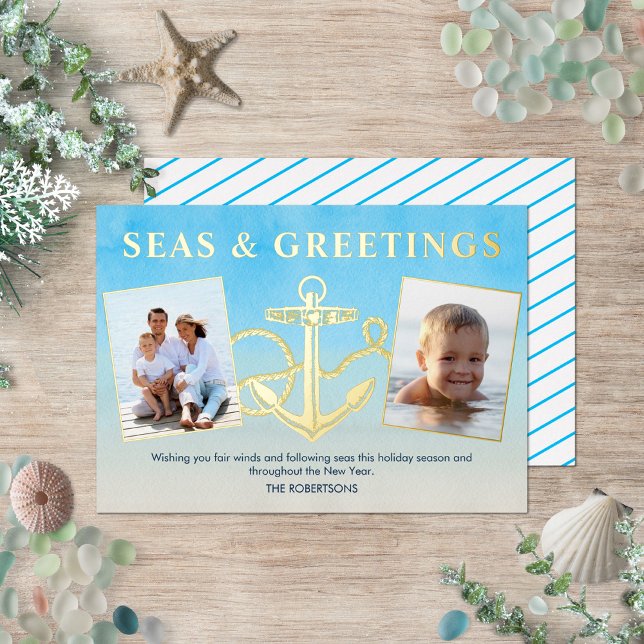 Seas N Greetings Nautical Christmas Anchor Photo Foil Holiday Card (Creator Uploaded)