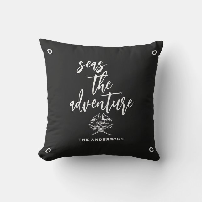 Seas the Adventure Nautical Pirate Quote Black Cushion (Front)