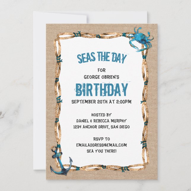 Seas the Day Anchor and Crab Birthday Invitation (Front)