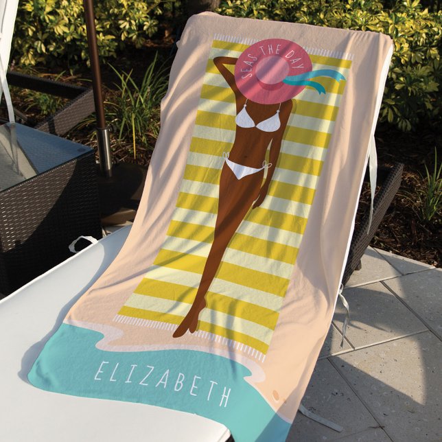 Seas The Day | Beach Beauty Sunbathing Custom Name Beach Towel (Creator Uploaded)