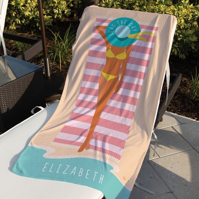 Seas The Day | Beach Beauty Sunbathing Custom Name Towel (Creator Uploaded)