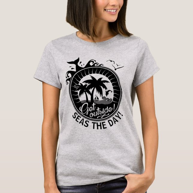Seas the Day Customise Any Quote | Beach Sunset T-Shirt (Front)