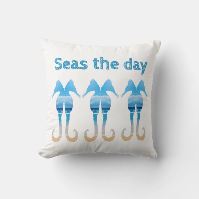 Seas the Day Fun Beach Quote Seahorses Cushion (Front)