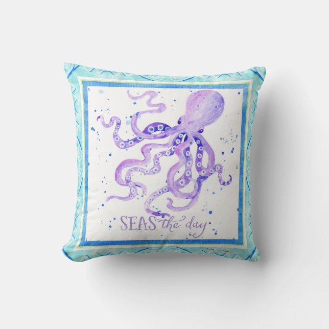 Seas the Day Octopus Beach Ocean Watercolor Art Cushion (Front)