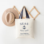 Seas the Day | Personalised Family Vacation Tote Bag<br><div class="desc">Ahoy! Set sail with our punny nautical tote bag design featuring "seas the day" in navy blue lettering curving around a ship's anchor illustration. Personalise with your family name and/or event type,  and the date and destination beneath,  to create a unique souvenir for family vacations,  trips or cruises.</div>