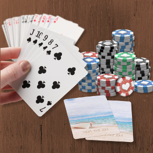 Seas The Day Quote Fishing Boat On Beach Sand Playing Cards