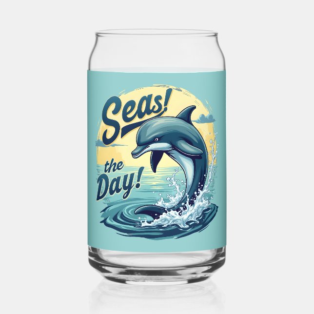 Seas the Day Retro Dolphin Ocean Aesthetic Can Glass (Back)