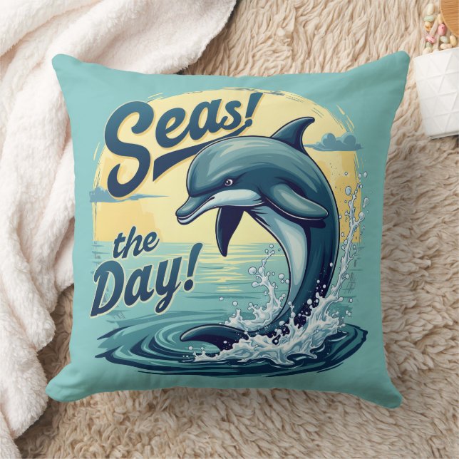 Seas the Day Retro Dolphin Ocean Aesthetic Cushion (Blanket)